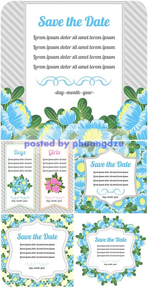 Wedding invitation vector, blue flowers 3