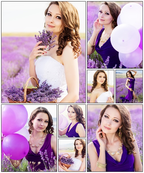 Beautiful girl posing at field of lavender - Stock Photo