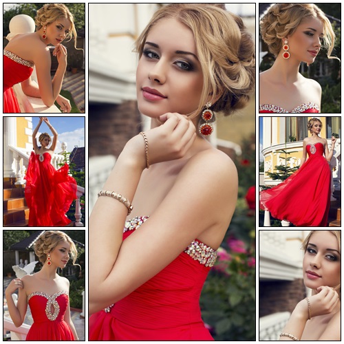 Beautiful glamour blond woman in luxurious red dress - Stock Photo