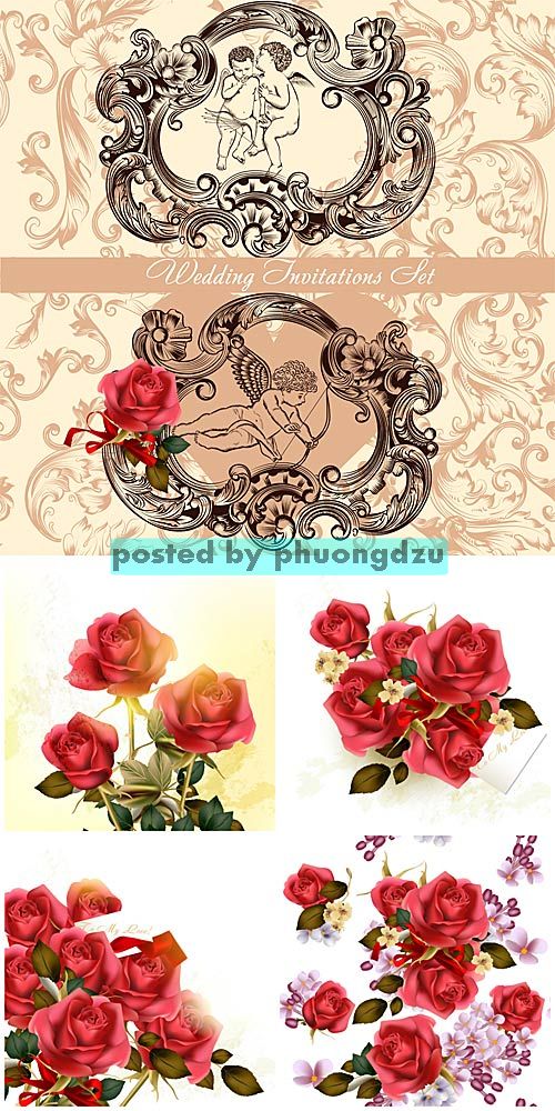 Wedding invitation, rose vector 3