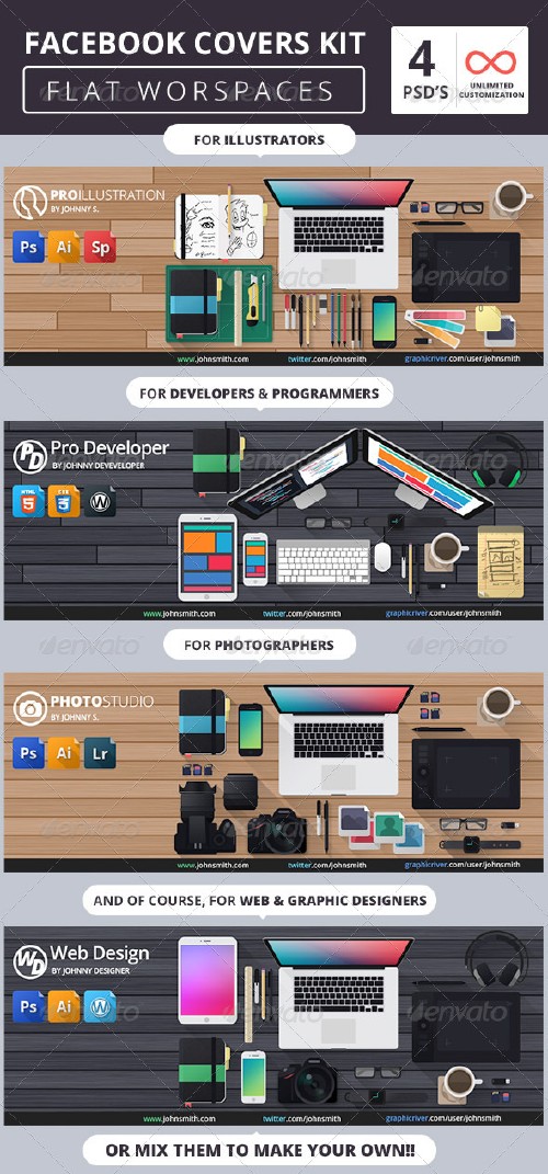 GraphicRiver Facebook Covers Kit - Flat Workspaces 7570193