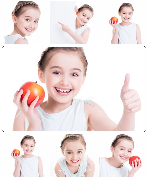 Portrait of cute little girl holding an apple - stock photo