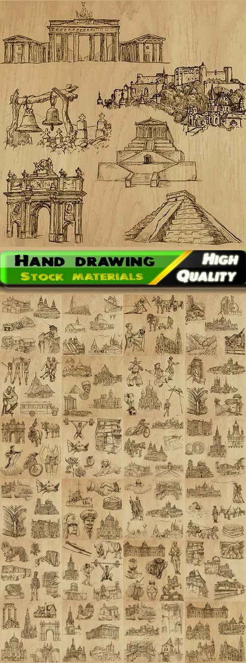 Illustration of streets and people and objects hand drawing - 25 Eps