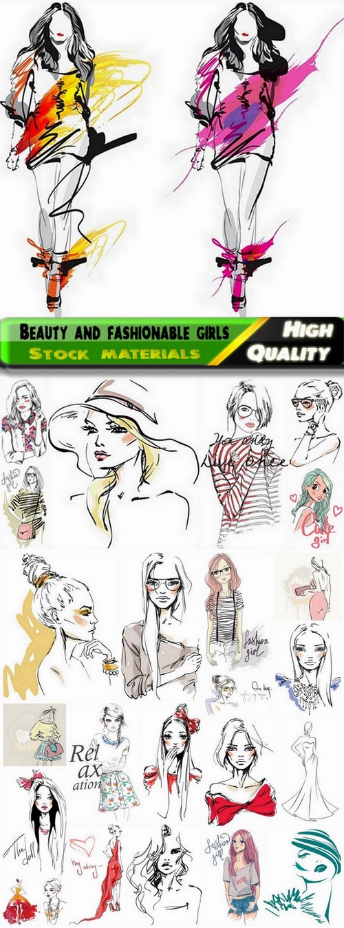 Beauty and fashionable girls illustrations in vector from stock - 25 Eps