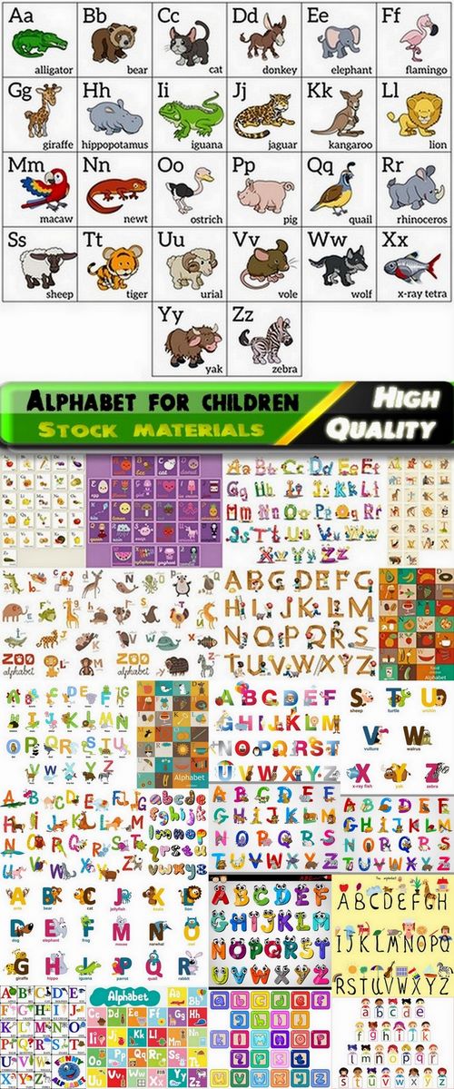 Alphabet for children and letters with different illustrations in vector from stock - 25 Eps