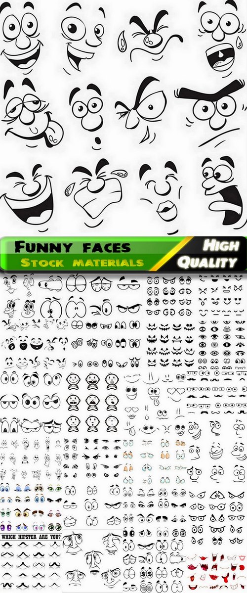 Funny faces and face elements in vector from stock - 25 Eps