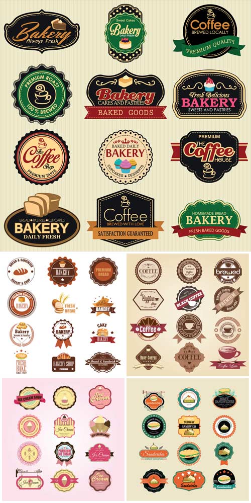 Продуктовые этикетки в векторе, хлеб, кофе / Food labels vector, bread, coffee