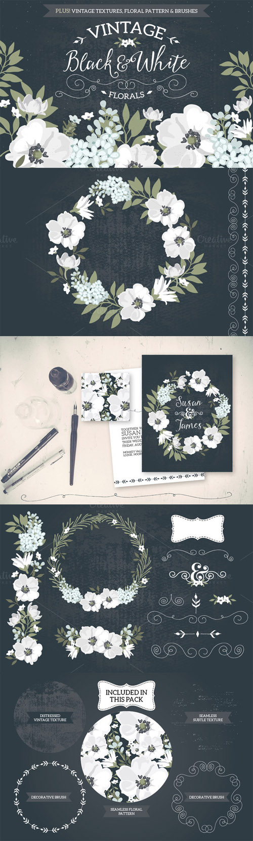 CreativeMarket - Vintage Black & White Florals 76119