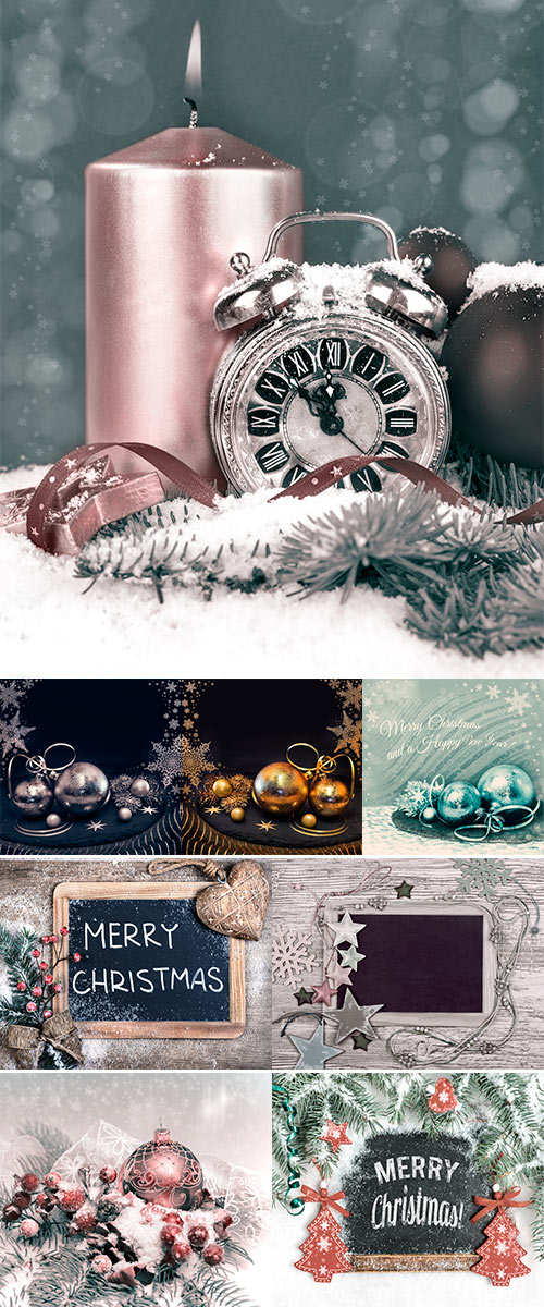 Stock Photo Christmas corner composition with trinkets and replaceable text, toned image