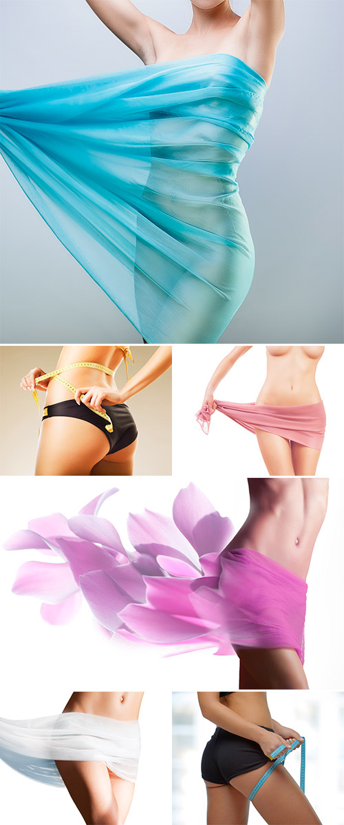 Stock Photo Woman body in pink textile on whie background