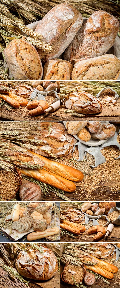 Stock Photo Various kinds of whole wheat bread on old wooden table