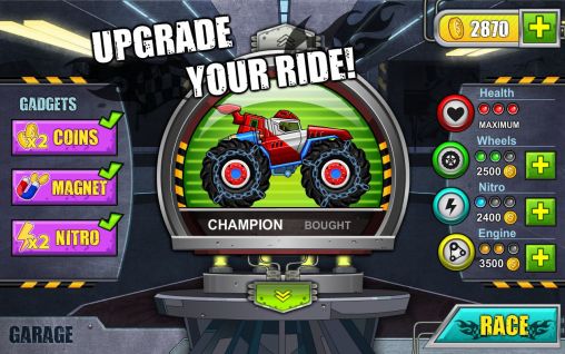 Screenshots of the game Monster wheels: Kings of crash on Android phone, tablet.