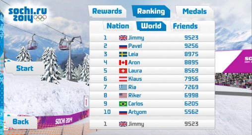 Screenshots of the game Sochi.ru 2014: Ski slopestyle challenge on Android phone, tablet.