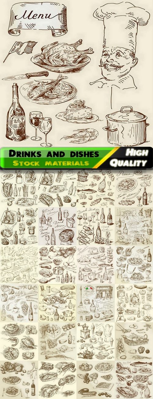 Set of hand drawn various drink and dishes - 25 Eps