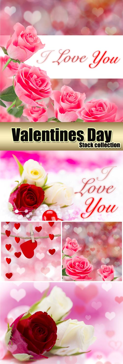 Romantic background with pink roses and hearts - stock photos