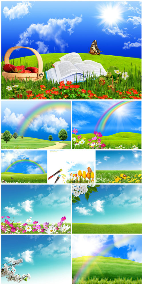 Natural landscape with rainbow, flowers and butterflies - stock photos