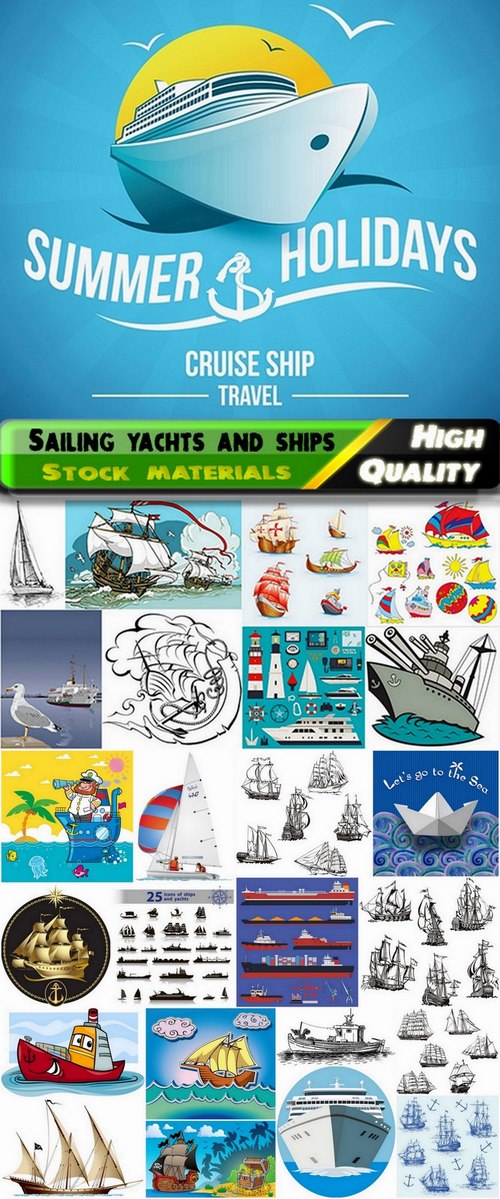 Illustration of sailing yachts and naval and commercial ships - 25 Eps