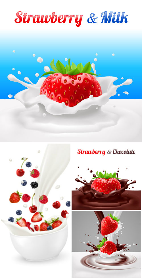 Milk and berries vector, strawberries, blueberries, raspberries