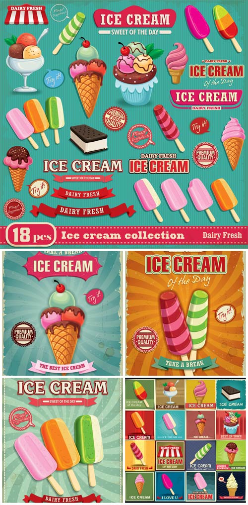 Ice cream, vector labels in vintage style 3