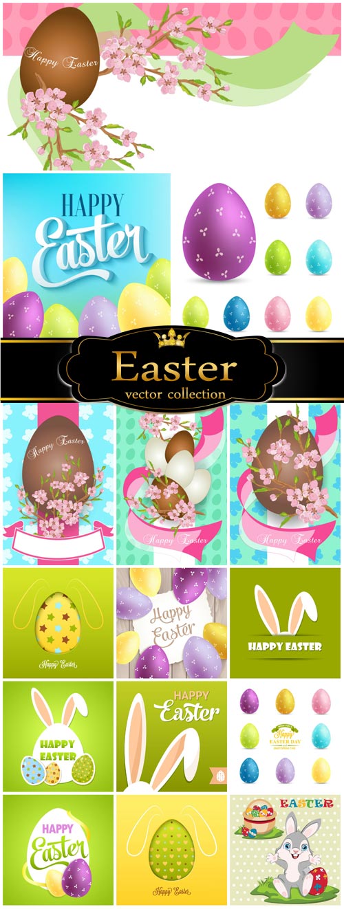 Easter, Easter eggs with spring flowers, rabbits vector 5