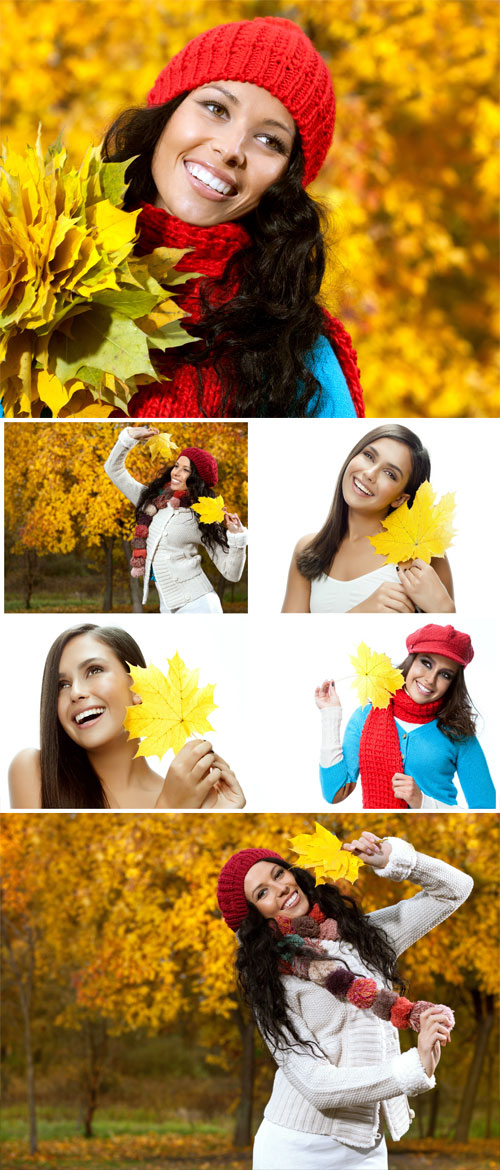 Women with autumn leaves - Stock photo