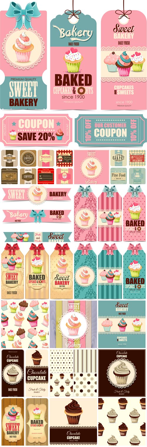 Food labels vector, cupcakes, sweets