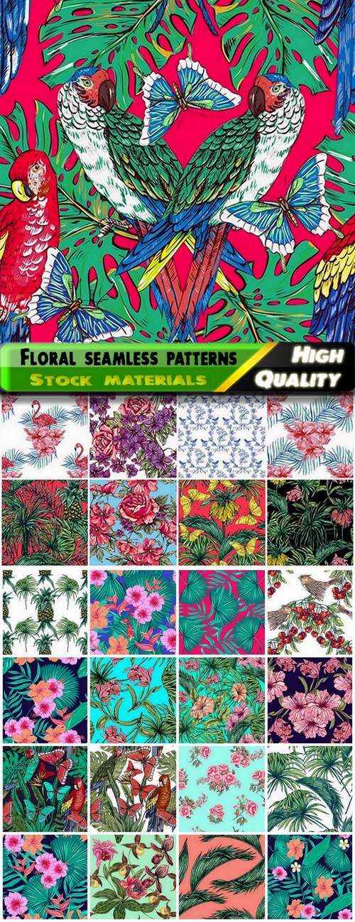 Floral seamless patterns with birds and tropical plants - 25 Eps