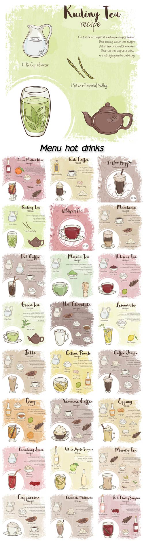 Menu hot drinks, coffee, tea